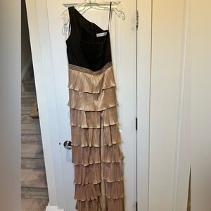 Mac Duggal Black and Gold Tiered Maxi Dress